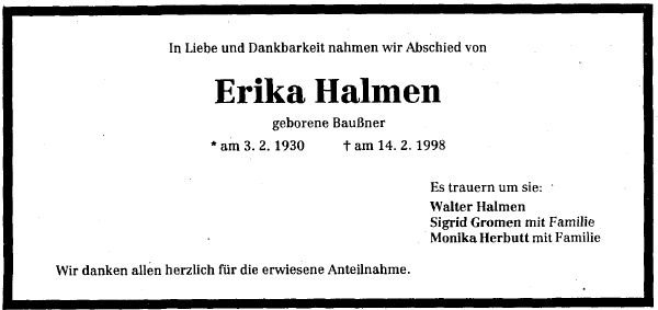 Baussner Erika 1930-1998 Todesanzeige